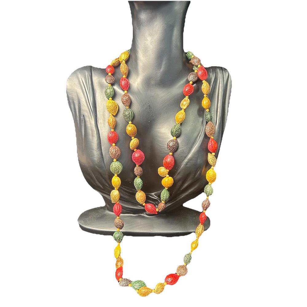 Colorful Nuts & Seeds Necklace, Hippie Boho Tribal Wood Bead Jewelry 60s 70s".